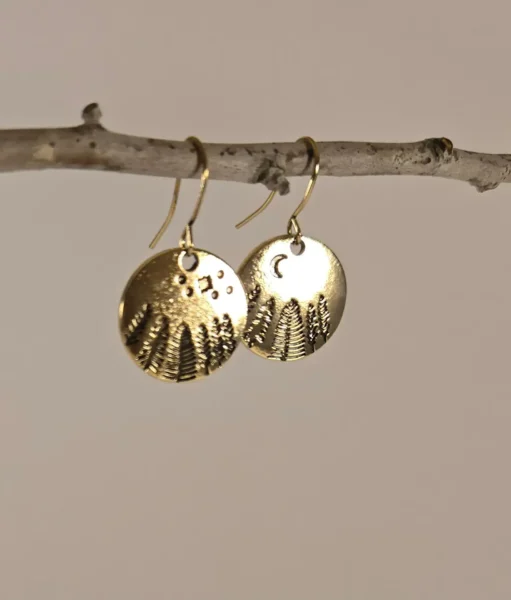 pine trees, moon and stars earrings